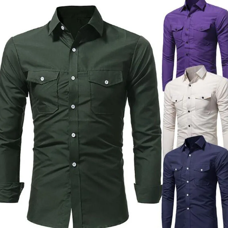 Мужские повседневные однобортные рубашки в английском стиле Camisa с длинным рукавом и отложным воротником, однотонные рубашки ярких цветов