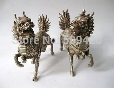 

aPair Chinese Silver Bronze Unicorn Chi Lin Kylin Statue