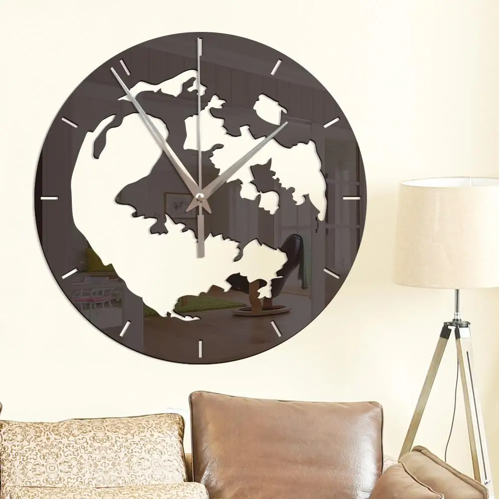 

Earth mirror wall clock home decoration living room silent needle fashion world map watch clock acrylic decorative wall stickers
