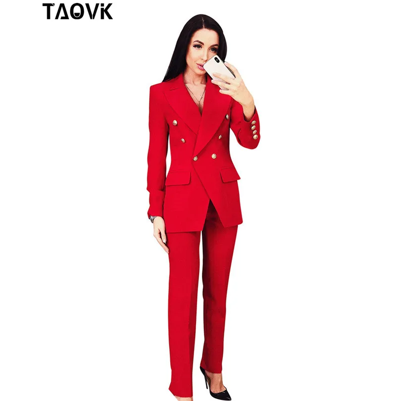 TAOVK OL بانت الدعاوى مزدوجة الصدر بدوره إلى أسفل طوق سترة أعلى + السراويل 2 قطعة وتتسابق للنساء المؤنث الملابس pantsuit 2019