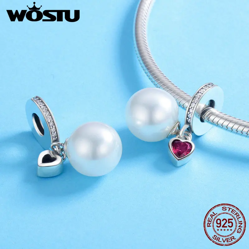 WOSTU,, 925 пробы, серебро, элегантный, жемчуг, сердце, CZ, подвеска, талисманы, подходят к оригиналу, женский браслет, ожерелье, модное ювелирное изделие CQC782