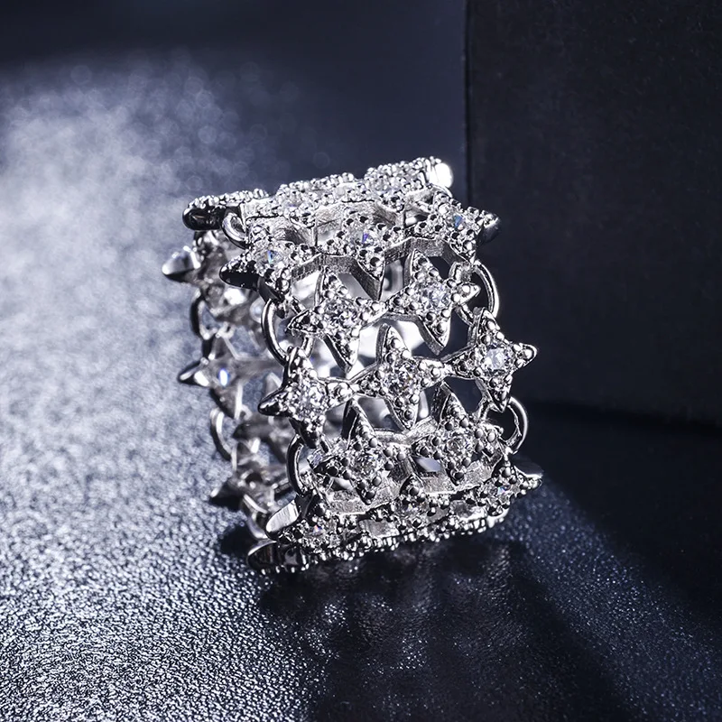 Роскошная брендовая Новинка, полое кольцо со звездами, широкое кольцо с кристаллами из сваровски, женское креативное кольцо в Европейском стиле, тонкое кружевное кольцо