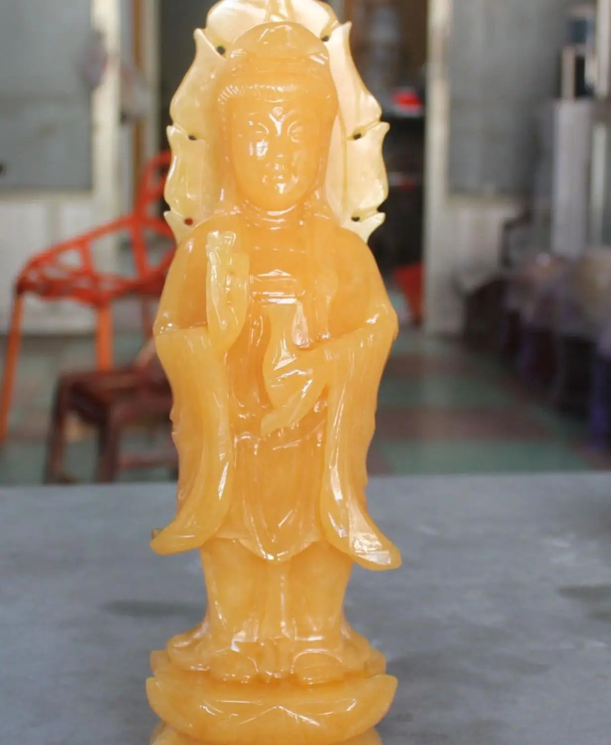

14" Chinese Natural Yellow Jade Topaz Stand Kwan-yin Guanyin Bodhisattva Statue