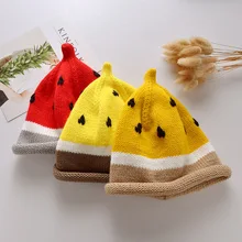 Детское ручное плетение, вязаная шапка, шапка с фруктами, детские шапки с арбузом, осенняя и зимняя Милая шерстяная шапка, теплый комплект, шапка