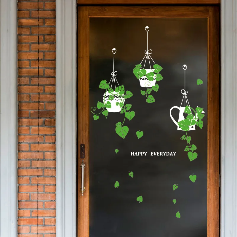 Bonsai Window Sticker Hanging Basket Potted Green Planting Shop Glass Doorswindows Stickers Coffee  Decorative Wall