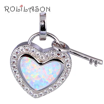 

Cheap trendy jewelry Heart Key Design White Fire Opal Silver Stamped Zircon Necklace Pendants Fashion Jewelry for Girls OP587