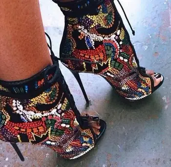 

Abesire 2019 Woman Shinning Multi Crystal Stiletto Heels Gladiator Sandals Boots Female Lace-up Ankle Boots Girls Peep Toe Shoes