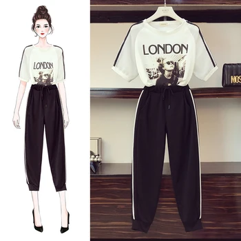 

XL-4XL Large Size Women's Sets New Summer Fashion Letter Short Sleeve Tops + Casual Long Trousers Students Suits Sporty Style