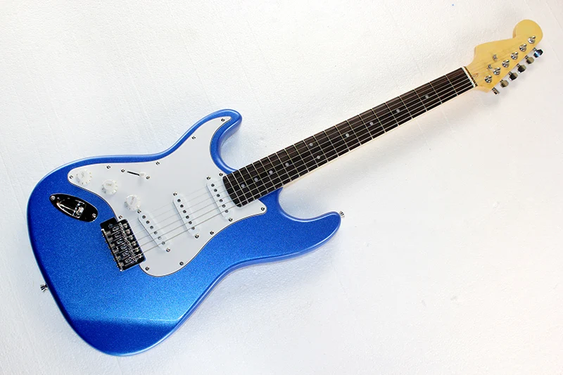 

Factory custom metallic blue body left handed electric guitar with 3 pickups,white pickguard,chrome hardware,can be customized