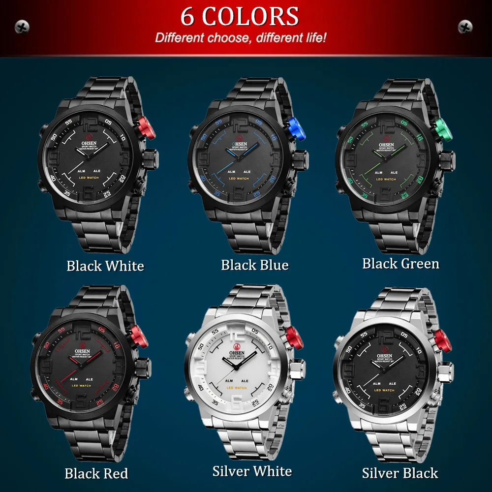 Новые цифровые кварцевые мужские повседневные часы Ohsen со стальным ремешком, черные модные военные водонепроницаемые мужские наручные часы relogio masculino
