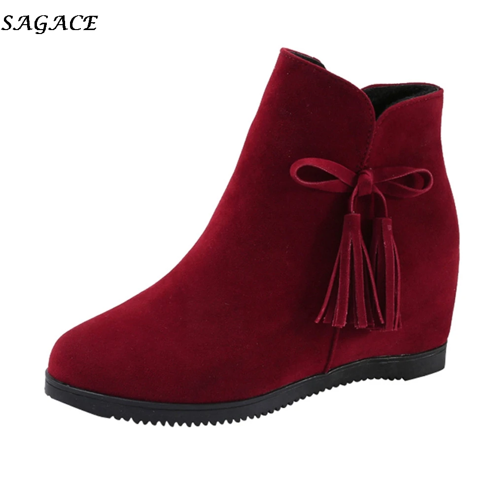

SAGACE 2018 women ankle boots Fashion autumn winter Casual wedges shoes for women Suede Zipper Tassel Round Toe female shoes #35