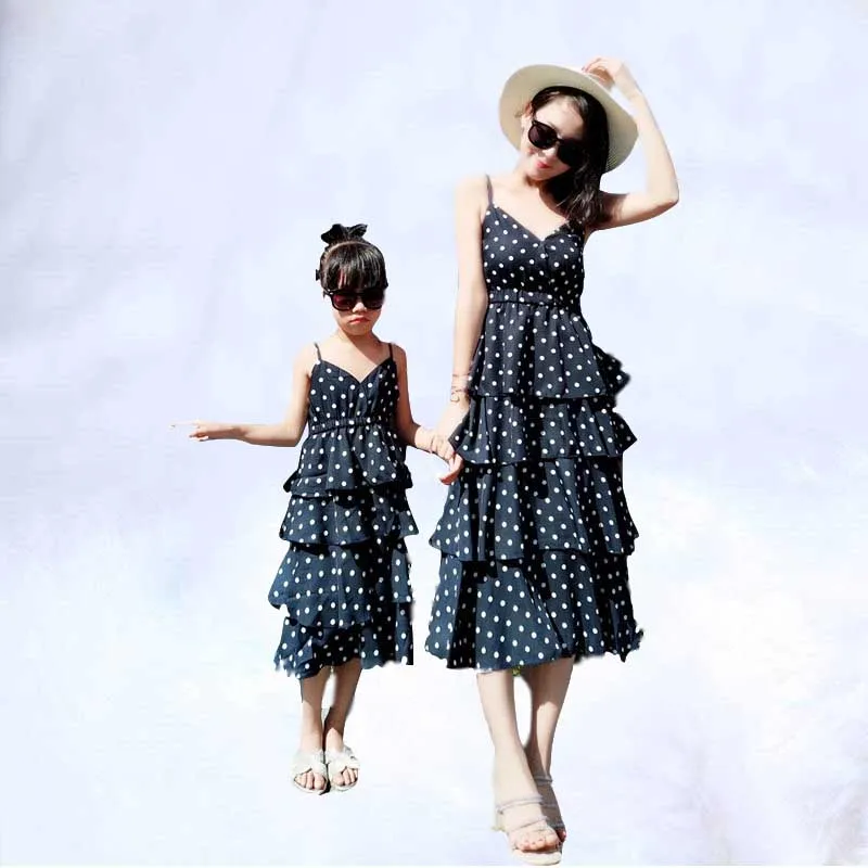 

New Mom and Daughter Matching Clothes Summer Holiday Polka Dot Sleeveless Navy Tiered Chiffon Dresses Family Matching Outfit