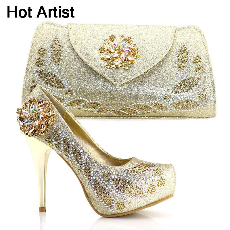 

Hot Artist Nigerian Summer Rhinestone High Heels 12CM Shoes And Bag Set For Party African Woman Gold Shoes And Purse Set TX-62