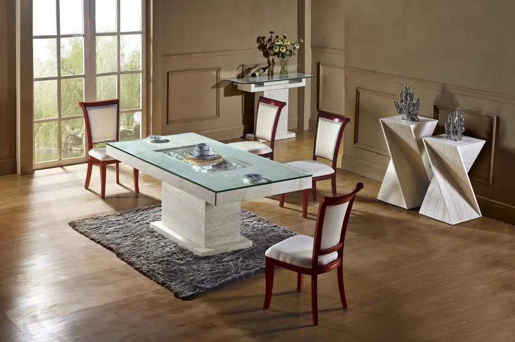 Envío Gratis rectángulo travertino juego de mesa de comedor de mármol