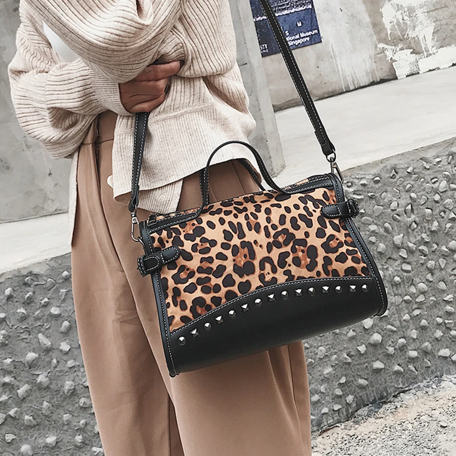 

Rivet Big Capacity Women Handbag Fashion Leopard Print Women Messenger Bag Thread PU Leather Females Handbag Solid Bag For Girls