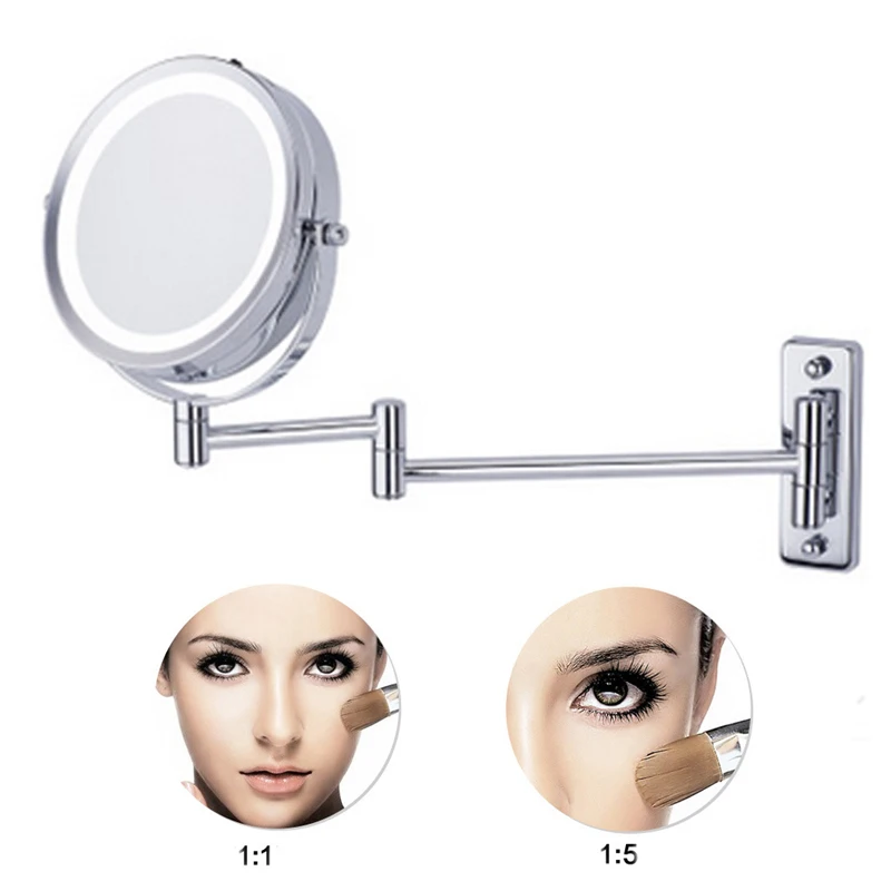 6 Inch 5X Magnifying 360 Degree Makeup Mirror LED Light Compact Wall