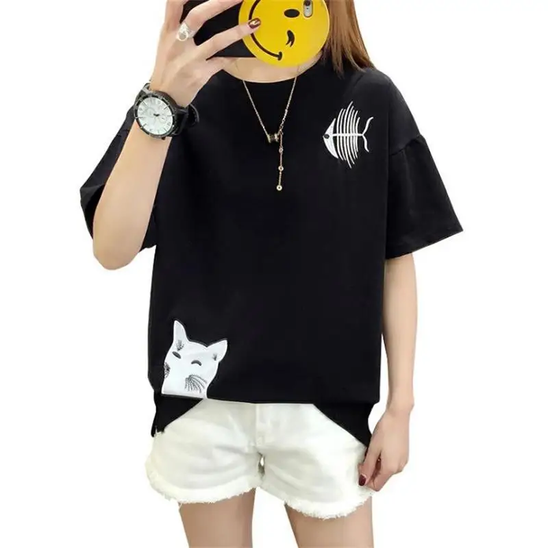 

TYJTJY Chic Loose Fish Cat Embroidery T Shirt Summer 2019 Simple Korean Style Female T-shirts M-XXL White Black T shirt Women