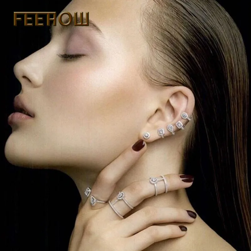 FEEHOW Unique Mismatch Earrings Ear Cuff Stud Earrings For Women CZ