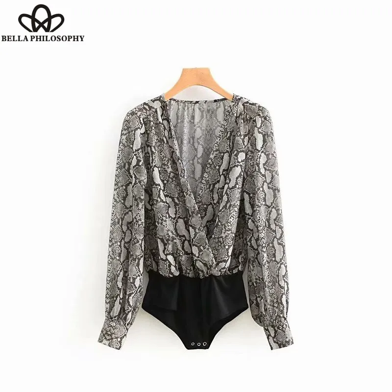 Wonder 2018 Retro sexy cross v neck snake print slim bodysuit shirt casual Long sleeve siamese blouse playsuits feminina blusas