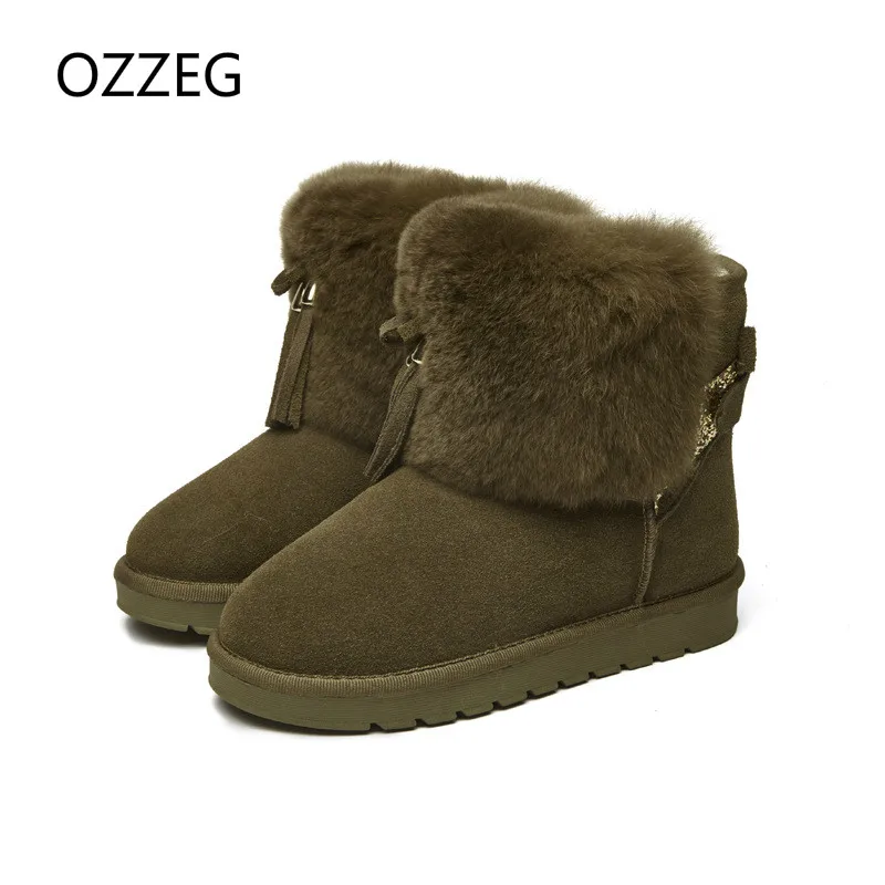 Women Boots Winter Warm Cow Leather Shoes Plush Fur Flat Slip on Ankle Snow Boots Women