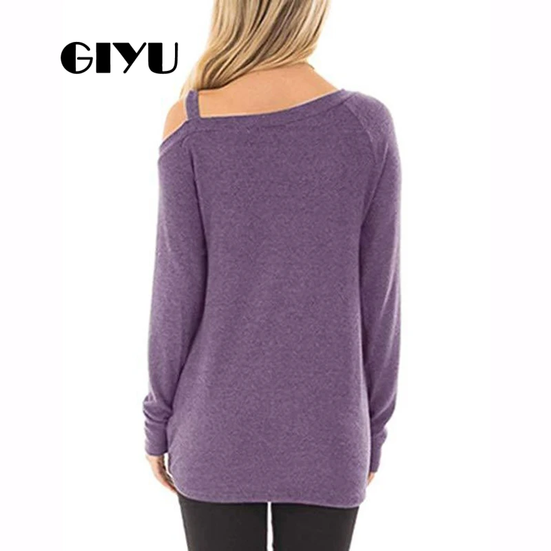 GIYU Autumn Solid Cold Shoulder Hoodies Women Long Sleeve Tee Casual Basic Sweatshirt Ruched Female camiseta mujer