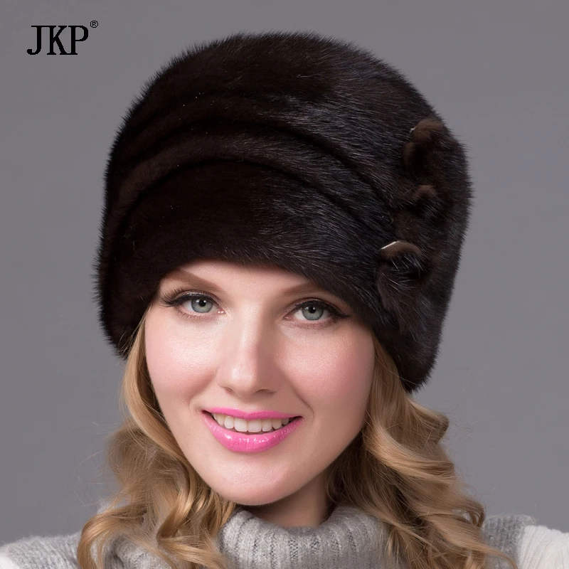 

JKP New Style Winter Girls Natural Real Mink Fur Hat With Fur Flowers For Women Warm Fashion Elegant Earmuffs Ladies Cap Beanies
