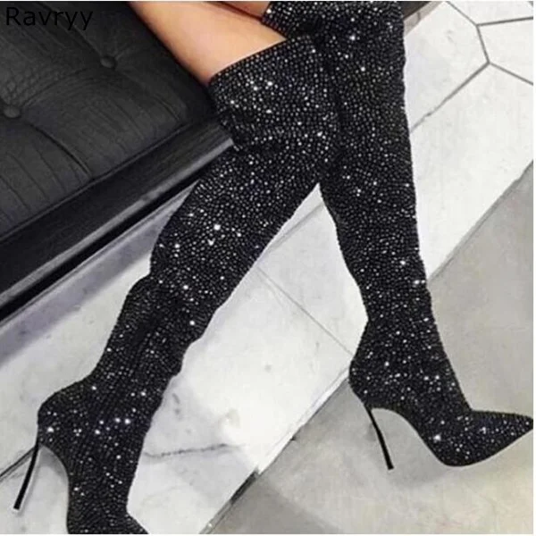 Luxury Woman Black Long Boots Sexy Metal Thin Heel Bling Bling