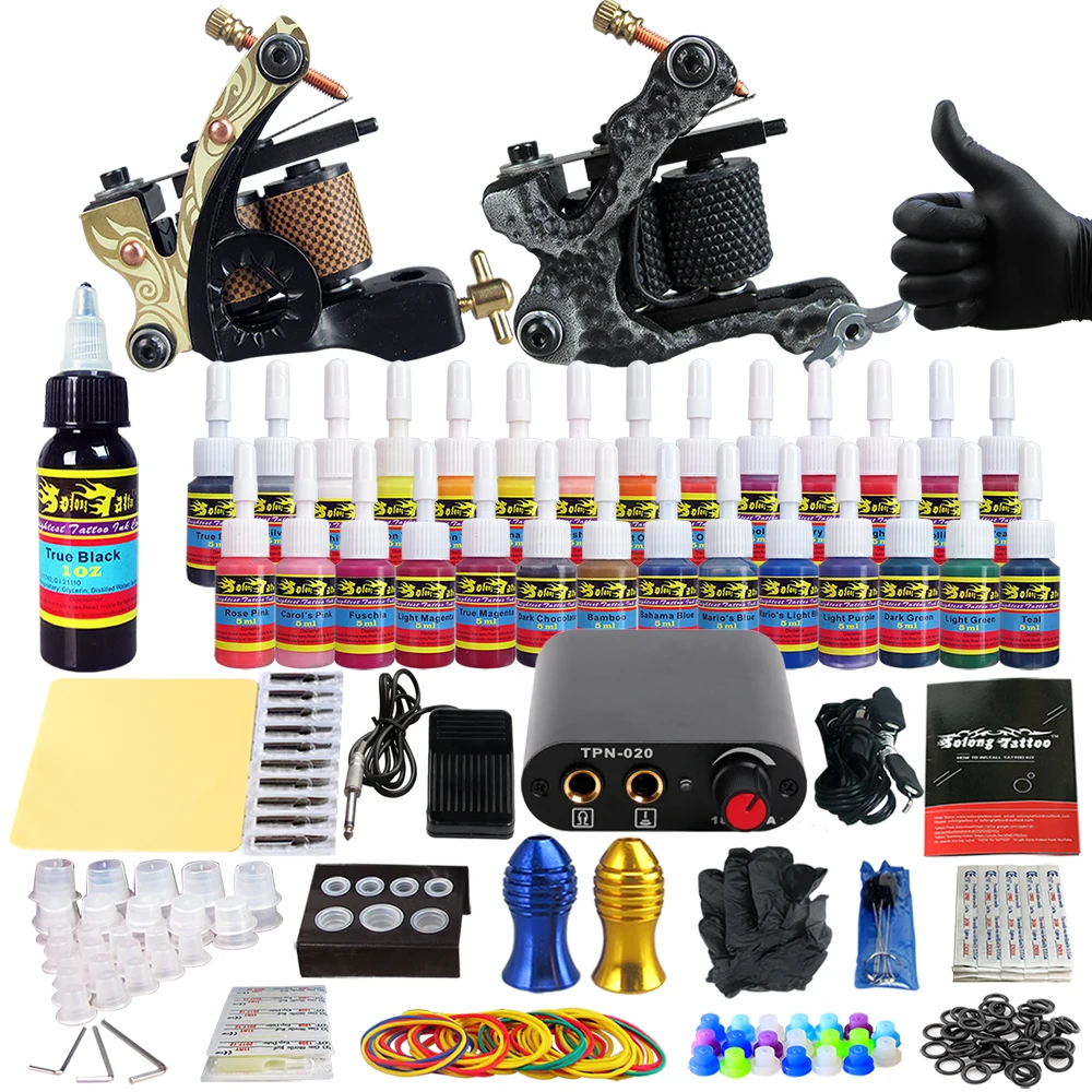 

Tattoo Sets Machine for Liner Shader Clip Cord 2 Guns New Arrival Kit Light Weight Practice Skin 28 Color Ink Sigment TK204-6