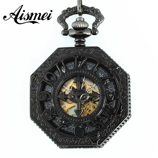 

Antique octagon numbers alien mechanical Pocket Watch hand-wind skeleton with chain 2018 New hot 3 colors