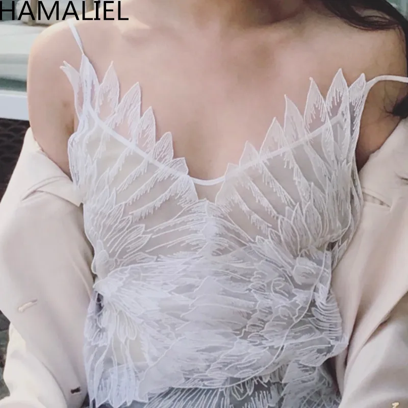 

HAMALIEL All-match White Black Lace Crop Top 2018 Summer Women Stereo Embroidery Feather Wing Patchwork V Neck Sexy Tank T-shirt