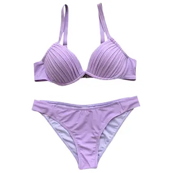 

Womens Sexy Two Piece Bikini Set Pleated Deep V-Neck Push Up Underwire Padded Swimsuit Low Waist Solid Candy Color Triangle Bott