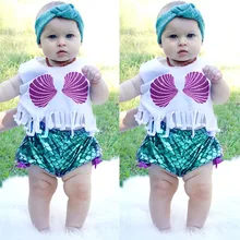 Летний От 3 месяцев до 3 лет, детский пляжный купальник без рукавов с кисточками и принтом в виде ракушки+ шорты, купальный костюм, бикини, пляжная одежда Y