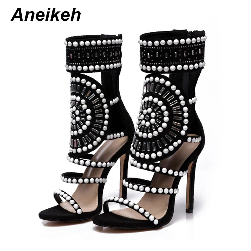 Kopen Aneikeh Vrouwen Mode Open Teen Strass Ontwerp Hoge Hak Sandalen Crystal Ankle Wrap Glitter Diamond Gladiator Zwart Maat 35  40