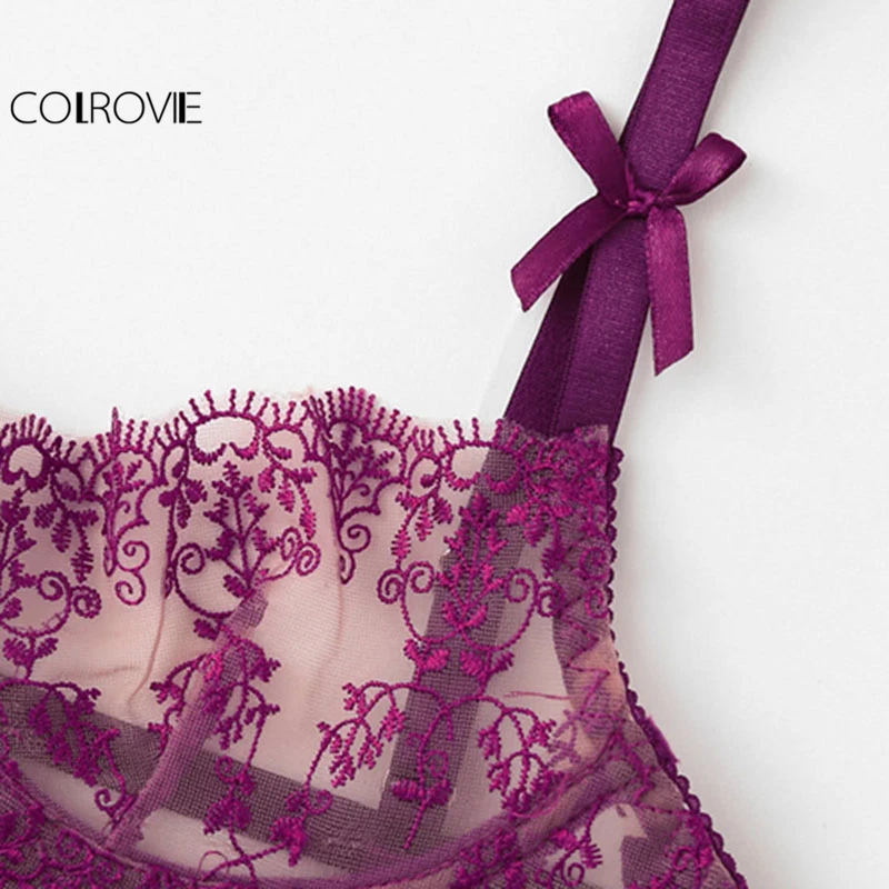 COLROVIE Purple Lace Bra And Open Crotch Thong And Garter Set Women 2019 Spring Fashion Floral Sexy Underwear Lingerie Sets