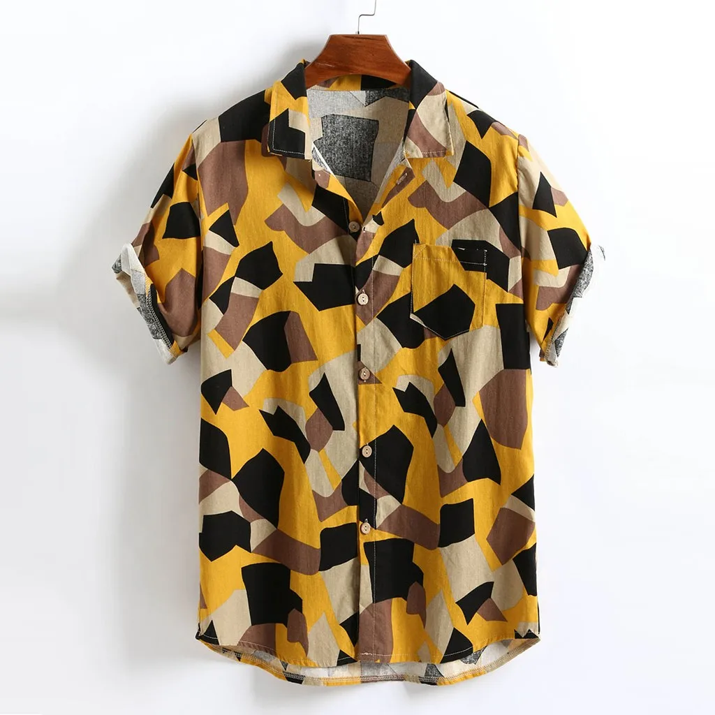 

Summer Hawaiian Men's Casual Shirt Printed Cotton Linen Loose Vacation Blouse Top Short Sleeve Turn Down Neck Men Beach Shirt