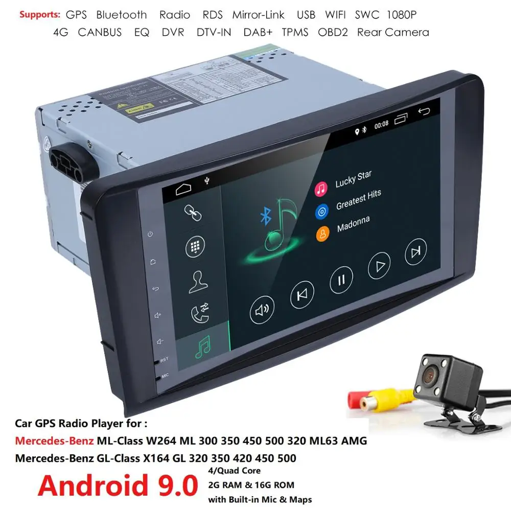 Top 2 Din 9 Inch Android9.0 Car NO DVD Player For Mercedes Benz GL ML CLASS W164 ML350 ML500 X164 GL320 4G RAM 4GWIFI GPS Radio CAM 1