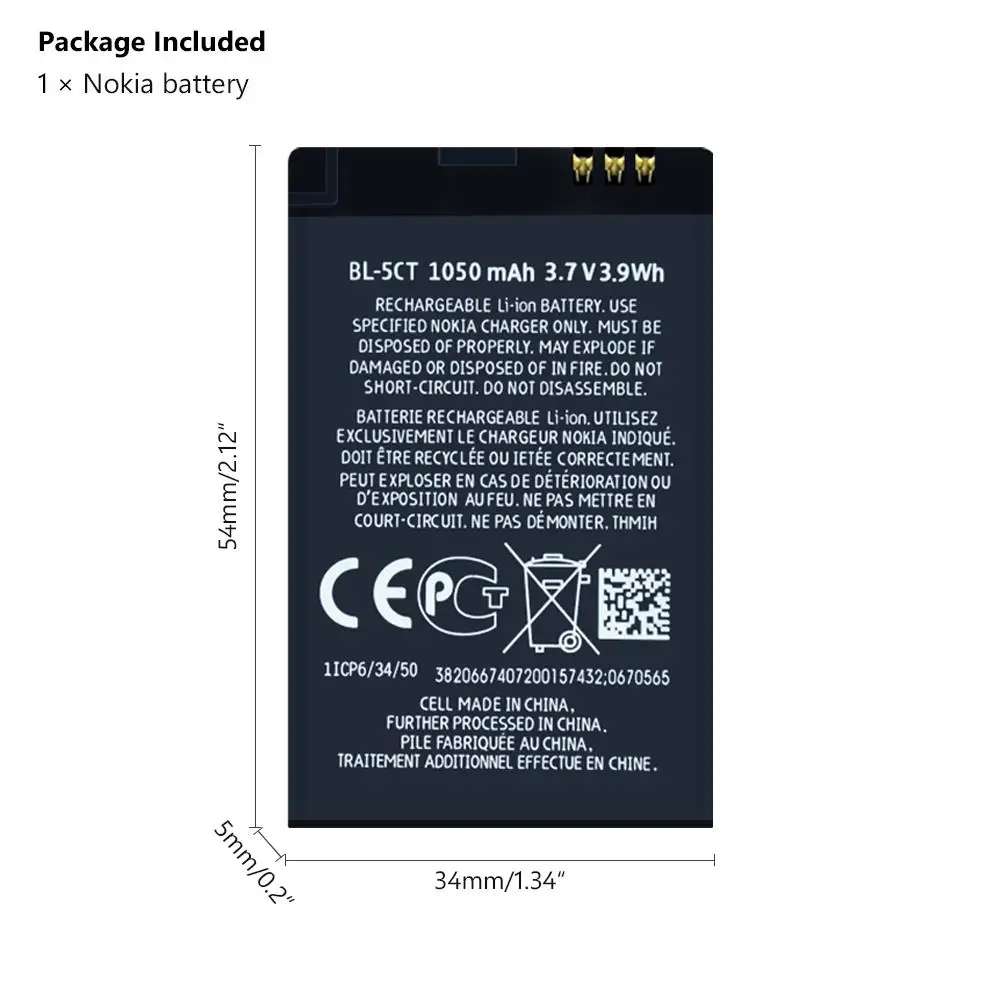 Аккумулятор BL5CT для телефона 1050 мАч Nokia 5220 5220XM C6 01 C3 01m 6303 3720C 6303c 6303i 6303ci