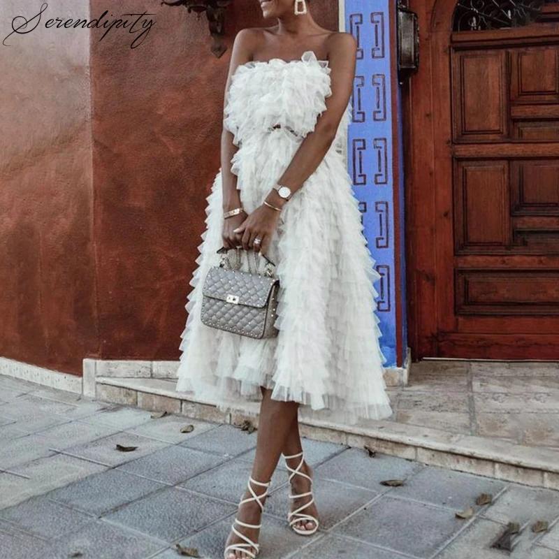 

SRDP Off Shoulder Ruffle White Cake Dress Women Elegant Autumn Sexy Tube Party Mesh Dress Sweet Strapless Princess Vestidos Robe