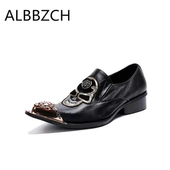 

Men's metal pointed toe genuine leather career work shoes men fashion loafers skull embroidery luxury business casual men shoes