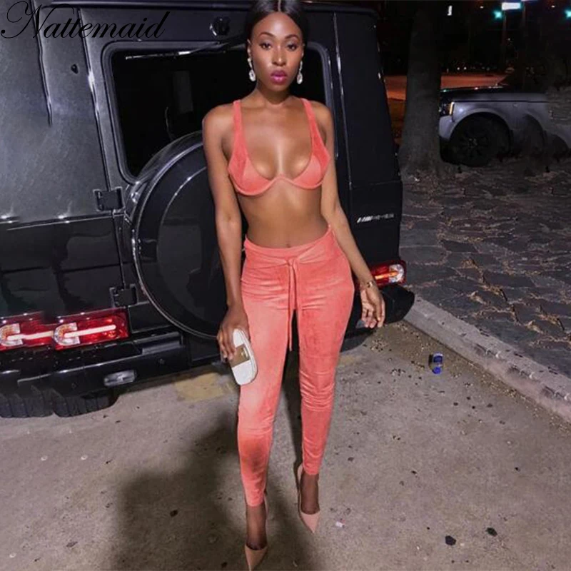 

NATTEMAID Crop Top And Pants Two Piece Set Women Backless Strapless Off Shoulder Sexy 2 Piece Set Summer 2018 Casual Two Piece
