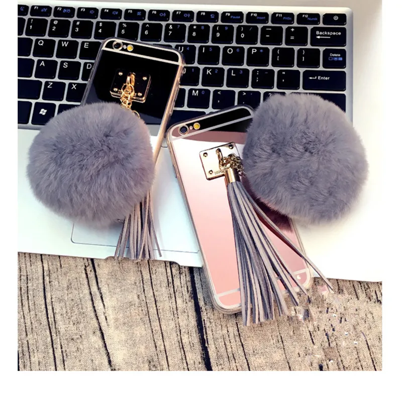Ayeena For Samsung S3 S4 S5 Note 2 3 4 A3 A5 A7 Luxury Soft Plush Gray Real Rabbit fur pompom Fluffy Tassel Mirror Phone case |