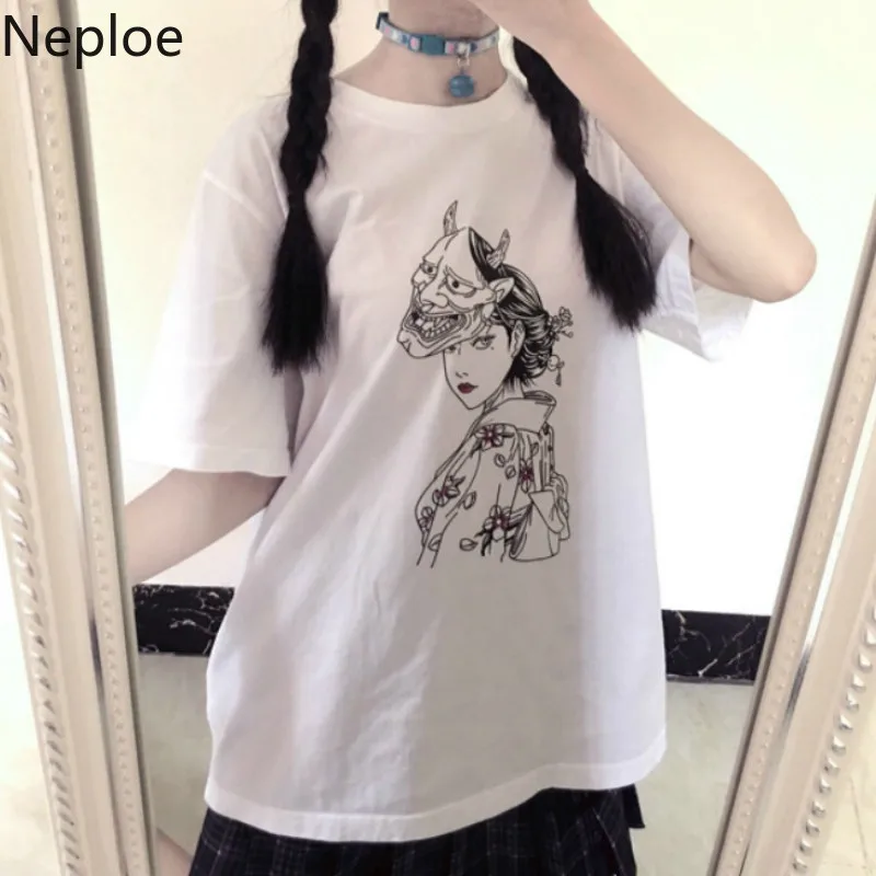 

Neploe Harajuku T Shirt Women Japanese Fujiang Horror Comics Shirts Tops Short Sleeve White T-Shirt Fashion Clothes Femme 2019