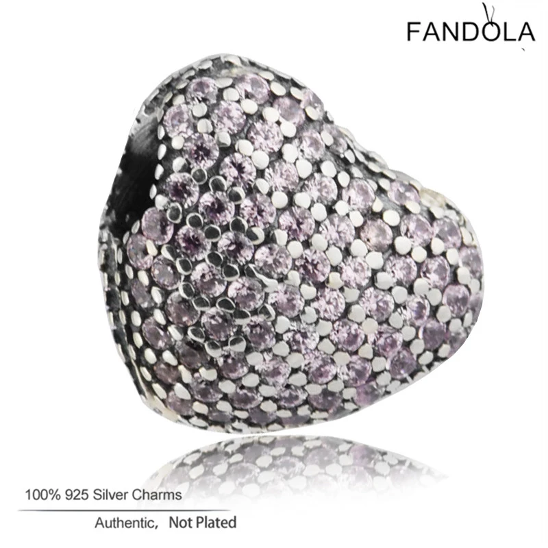 

100% Real 925 Sterling Silver Pink Crystal Open My Heart Charms Beads Fits Women Bracelets DIY Original Jewelry