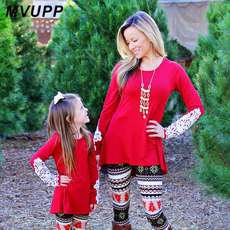 

MVUPP mother daughter dresses family matching clothes red black lace solid patchwork full sleeve mama mommy and me dress top tee