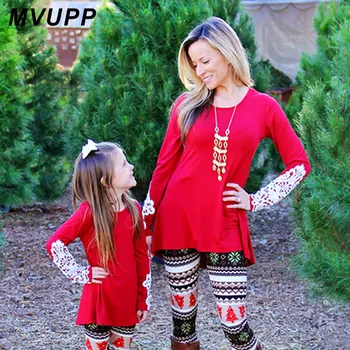 

MVUPP mother daughter dresses family matching clothes red black lace solid patchwork full sleeve mama mommy and me dress tee kid