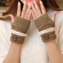 YJSFG дом моды женские перчатки Knittted зимние теплые перчатки без пальцев Для женщин кружева Кнопка наручные мягкие варежки работа привода