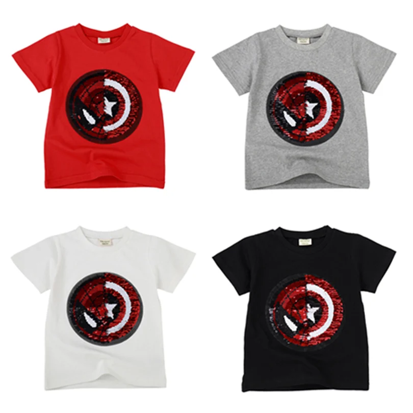 

Hot Boys Tops Change Face Color Magic Discoloration Cotton T-shirts Sequin Spiderman Cartoon Paillettes T Shirt for Boy Gifts