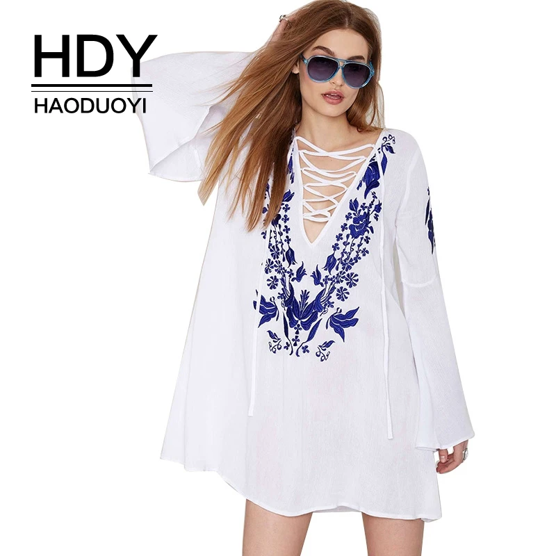 HDY Haoduoyi бренд 2020 белые/синие женские платья с цветочной вышивкой глубоким вырезом