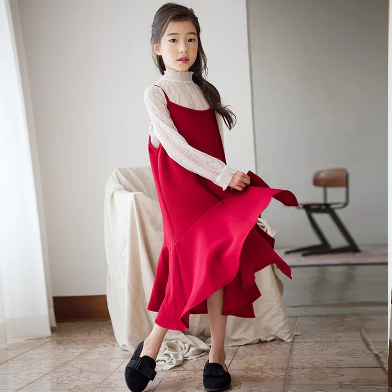 

Lace Collar Girl Dress Christmas Wedding Party Dress Solid Color Autumn Stitching Child Girl Clothes Children Clothes Girl Dress