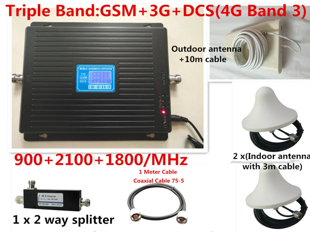 

2G 3G 4G GSM 900 3G 2100 LTE 4G 1800 Tri Band Mobile Phone Signal Repeater Signal Booster Amplifier 4G LTE Antenna For 2 Rooms
